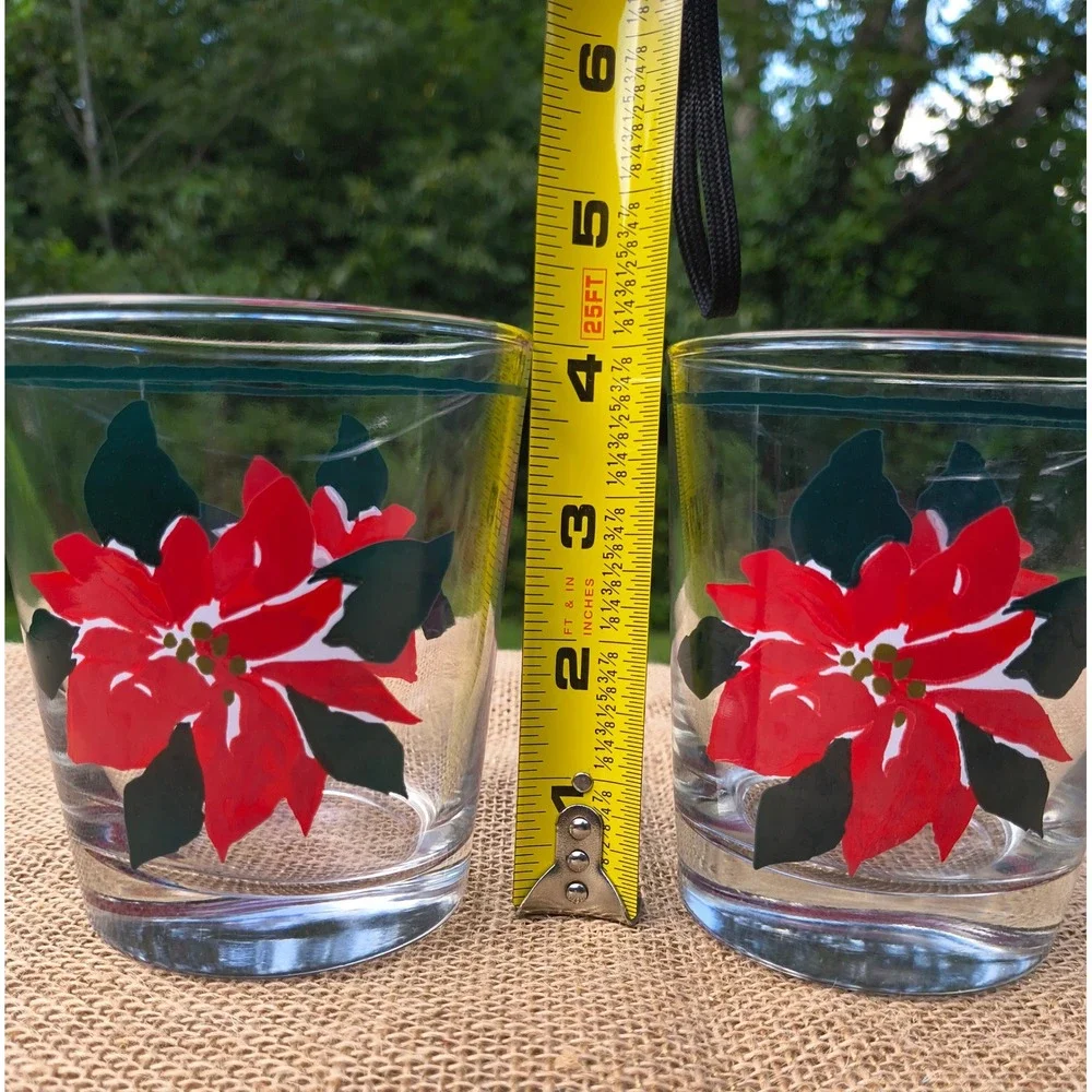 Vintage Anchor Hocking Christmas Poinsettia Rocks Glasses Set 2 Holiday Lowball